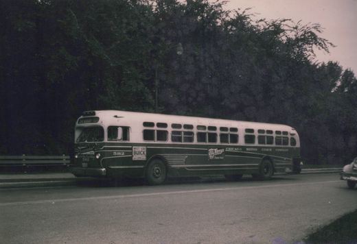 Side view of a vintage white and green Chicago Motor Coach Company bus, number 582, with advertisements, driving on a tree-lined street.